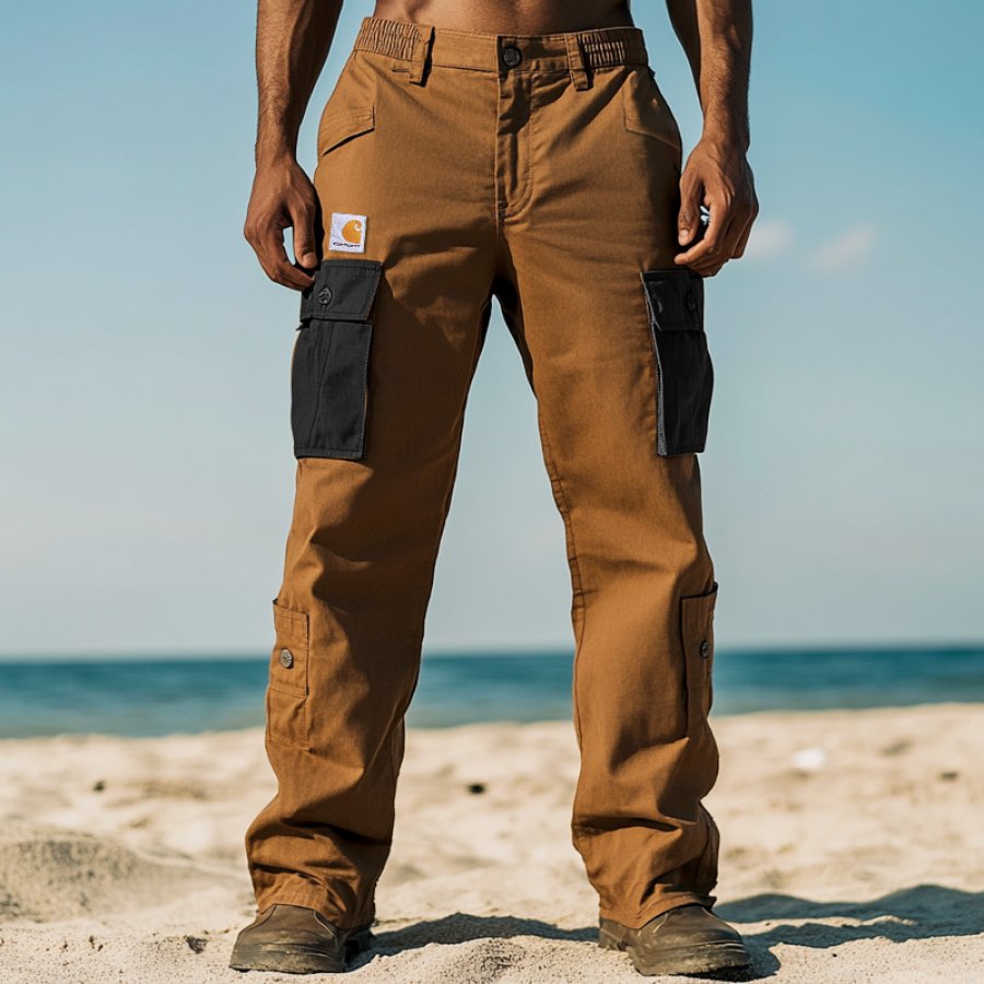 

Men's Outdoor Tactical Cargo Pants With Durable Brown Fabric And Black Pockets