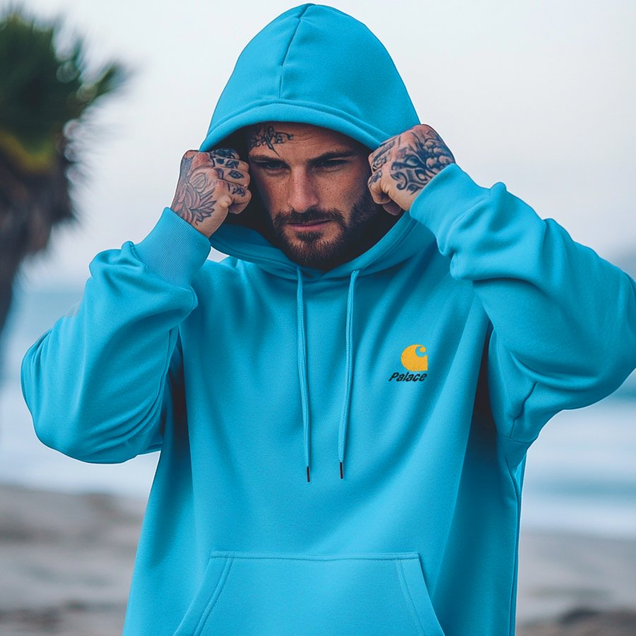 

Unisex Loose Embroidery Safety Blue Oversized Hoodie