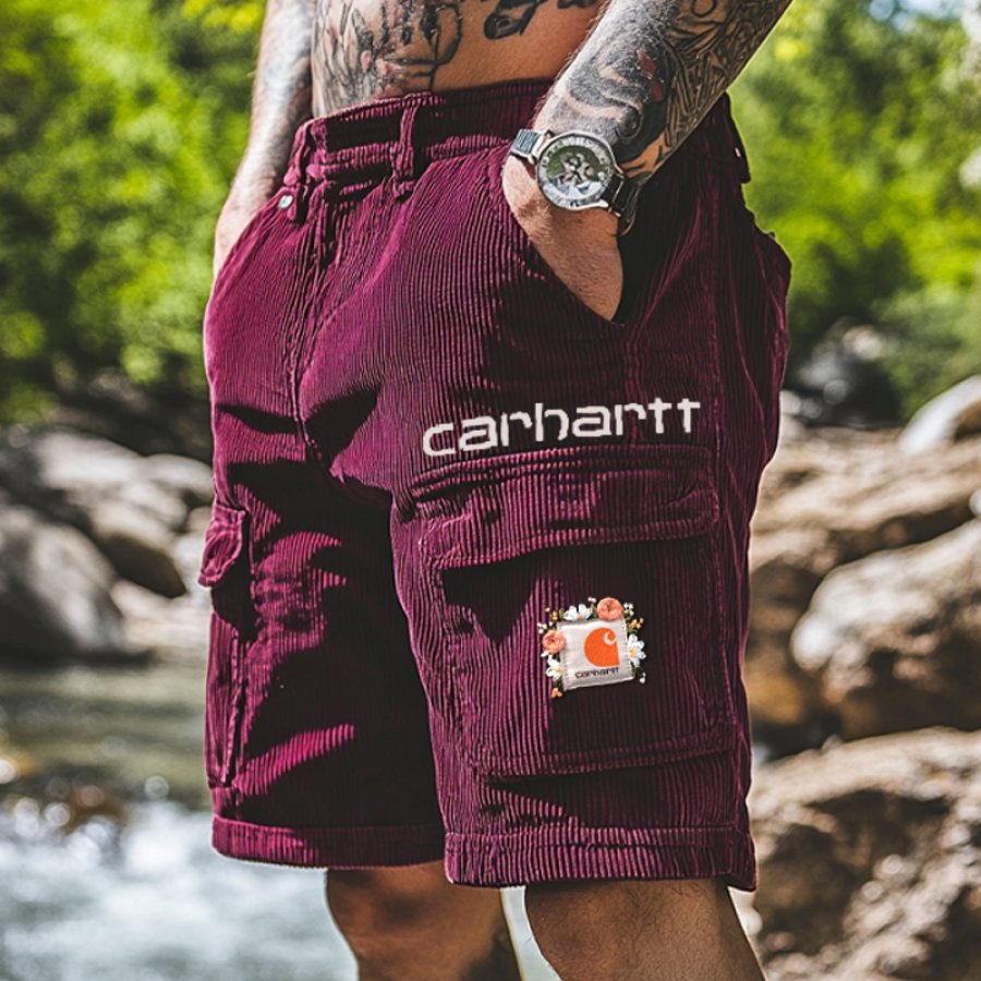 

Men's Outdoor Corduroy Embroidery Print Tactical Stretch Multi-Pocket Splicing Elastic Vintage Cargo Wine Red Shorts