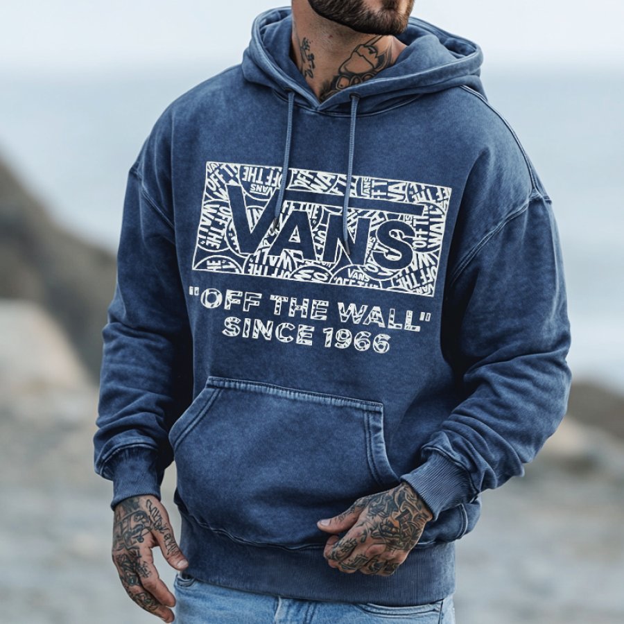 

Men's Off The Wall Since 1966 Vintage Distressed Washed Navy Blue Pocket Vans Surf Hoodie