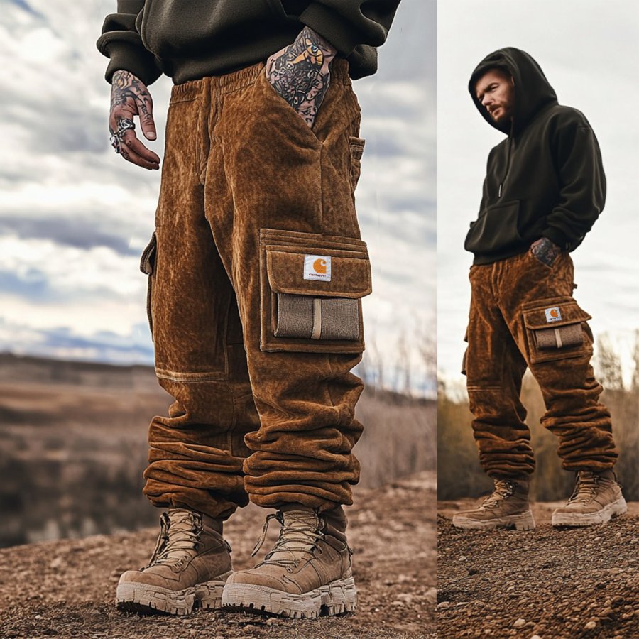 

Men's Vintage Outdoor Multi-Pocket Drawstring Brown Suede Cargo Pants Joggers