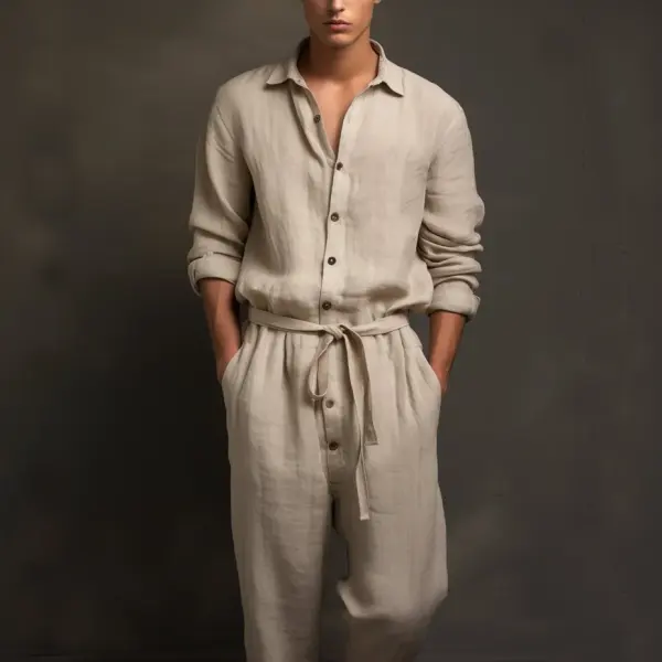Men's Bohemian Holiday Style Plain Linen Simple Casual Jumpsuit - Trisunshine.com 