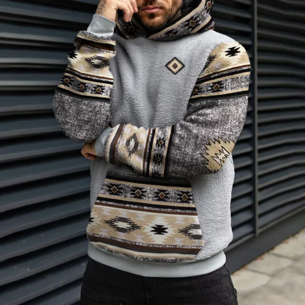 Retro Men's Casual Ethnic Geometric Print Sherpa Hoodie - Trisunshine.com 