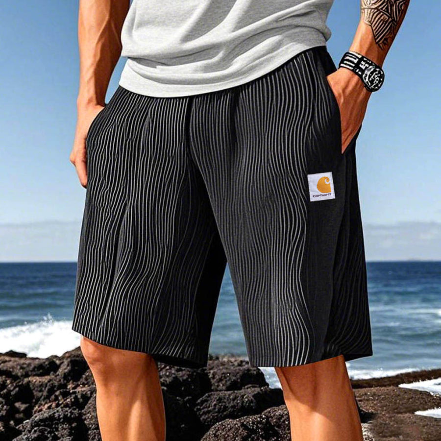 

Men's Striped Pleated Textured Ice Silk Casual Summer Surf Shorts