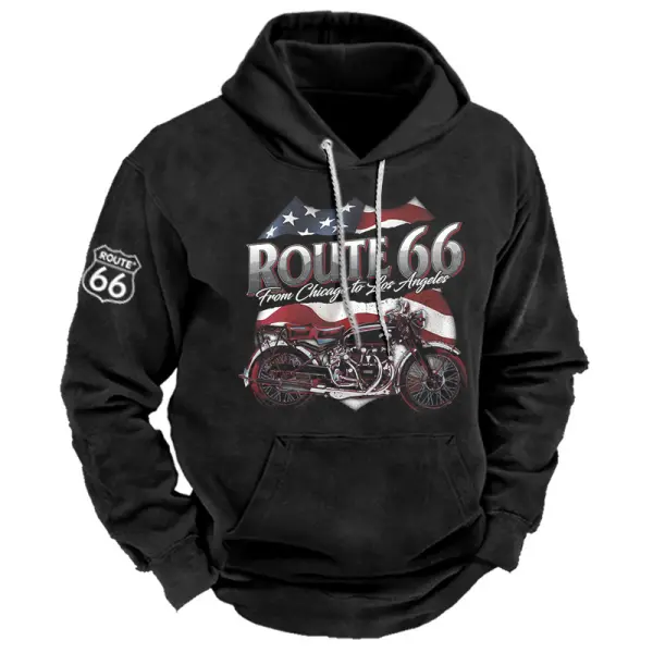 Men's Hoodie Vintage Route 66 Motorcycle Print Pocket Sweatshirt - Trisunshine.com 