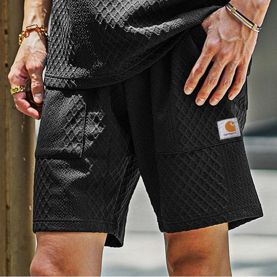 

Men's Retro Waffle Textured Fabric Black Apricot 5 Inch Pocket Outdoor Surf Shorts Daily Casual