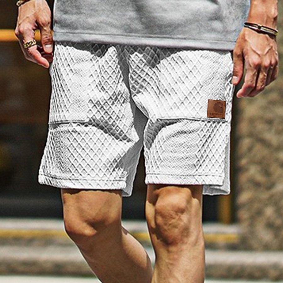 

Men's Retro Carhartt Waffle Textured Fabric White Apricot 5 Inch Pocket Outdoor Surf Shorts Daily Casual