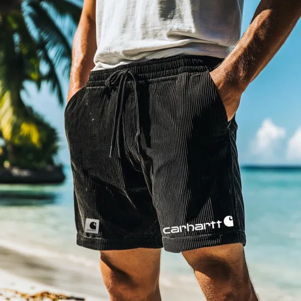 Men's Holiday Style Beach Corduroy Drawstring Button Casual Shorts Beach Pants - Albionstyle.com 