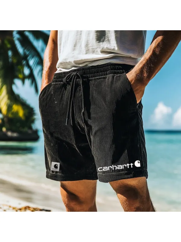 Men's Holiday Style Beach Corduroy Drawstring Button Casual Shorts Beach Pants - Shopyiyistories.com 