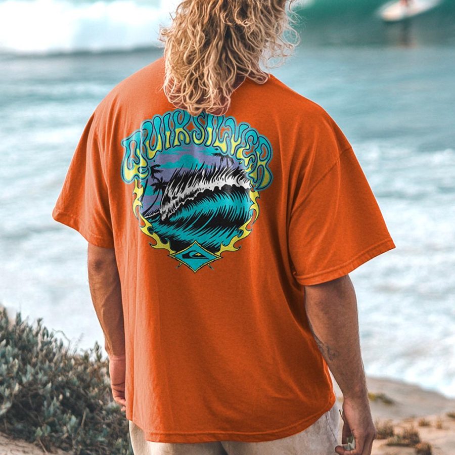 

Unisex Surf Wave Graphic Print Oversized Beach Orange Short Sleeve T-Shirt