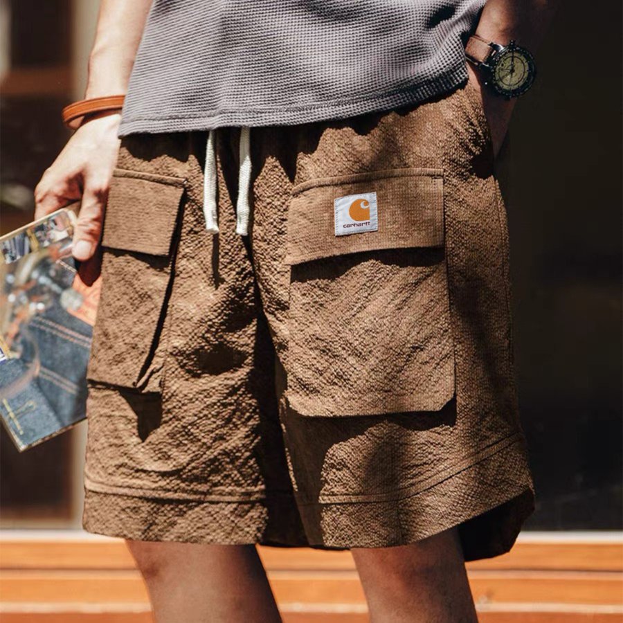 

Men's Retro Brown Apricot 5 Inch Multi-pocket Textured Fabric Cargo Outdoor Surf Shorts Daily Casual