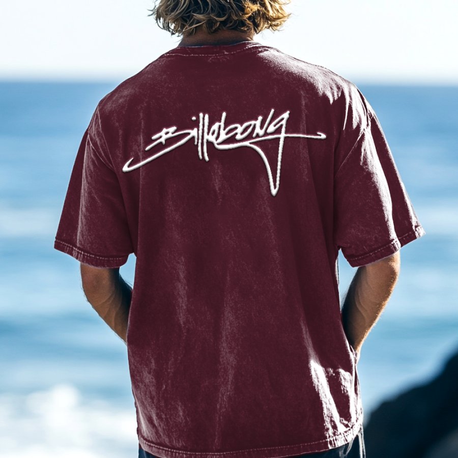 

Men's Beach Surfing Wine Red Oversize Wash Black Vintage Graphic T-Shirt