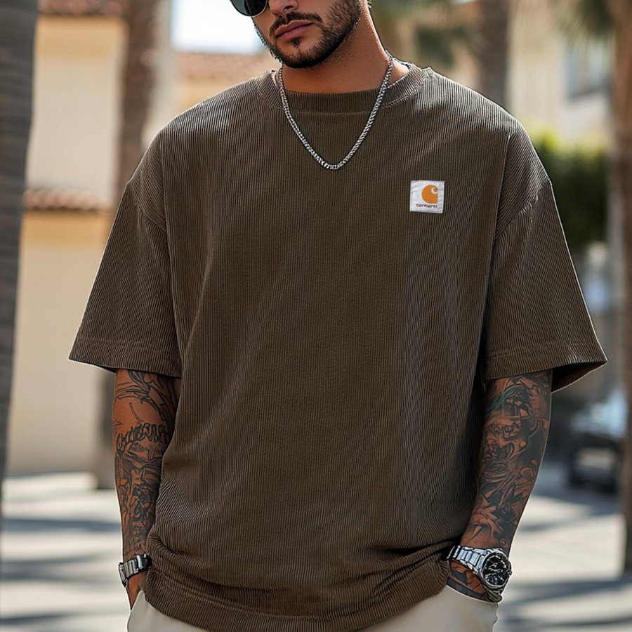 

Men's Vintage Corduroy Fabric Knit Deep Camel Mesh T-Shirt - Perfect For Summer Outdoors