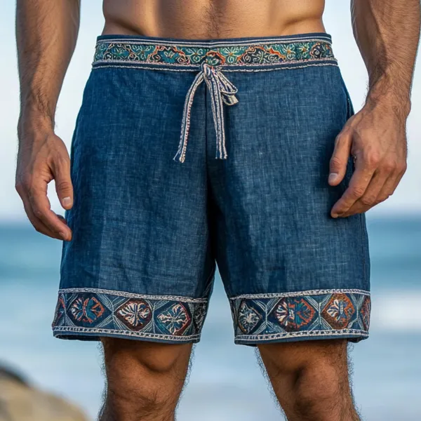 Men's Bohemian Vintage Linen Ethnic Casual Shorts - Albionstyle.com 