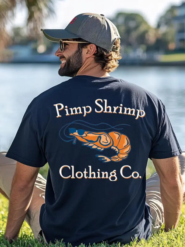 Unisex Shrimp Graphic Surf Print Oversized Navy Blue Cotton Short Sleeve T-Shirt - Menbarn.com 
