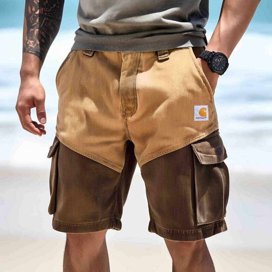 

Men's Outdoor Corduroy Surf Workwear Color Block Cargo Shorts