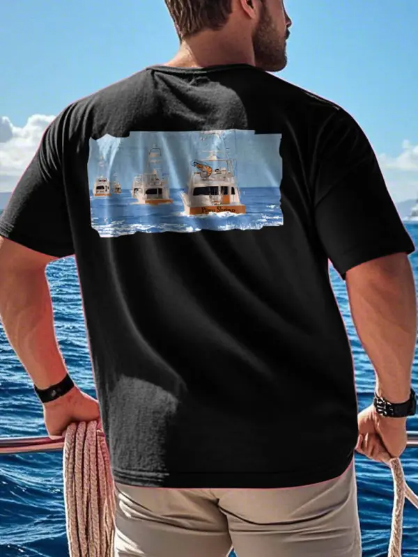 Unisex Shrimp Boat Graphic Surf Print Oversized Black Cotton Short Sleeve T-Shirt - Menbarn.com 