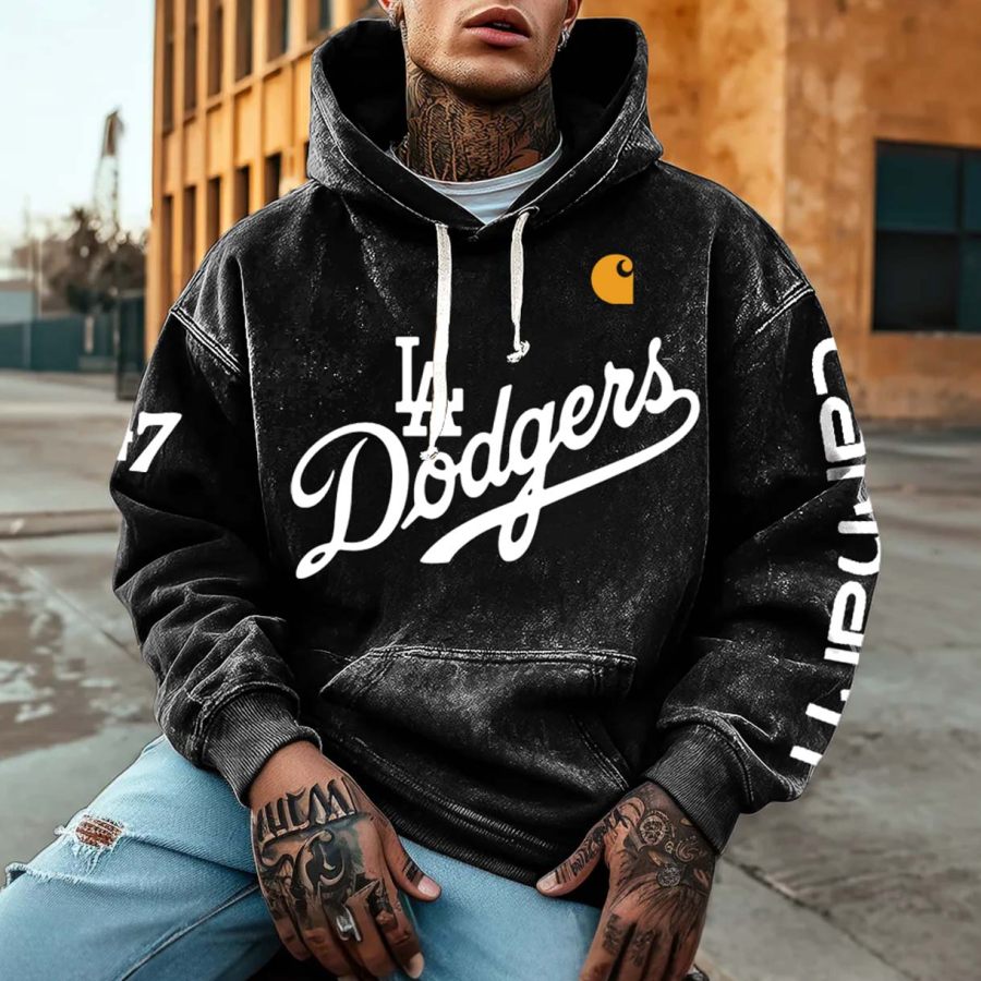 

Men's Vintage Distressed Washed Baseball Print Pocket Long Sleeve Oversized Black Hoodie