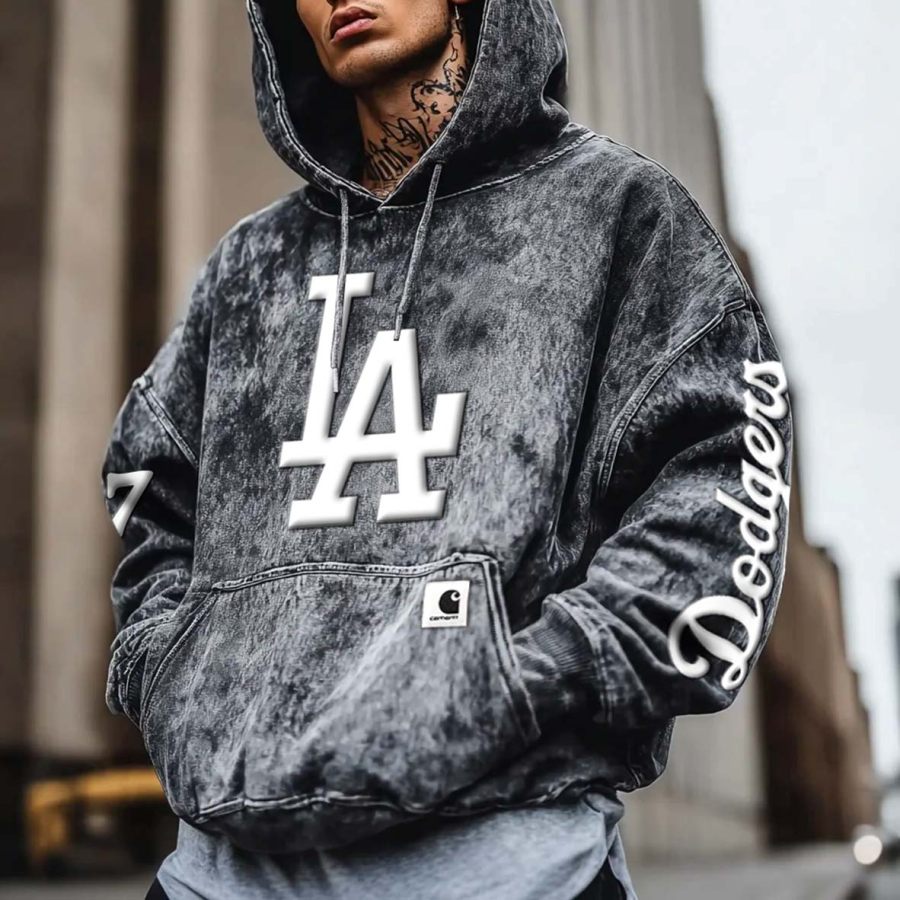 

Men's Vintage Distressed Washed Baseball Print Embossed Pocket Long Sleeve Oversized Gray Hoodie