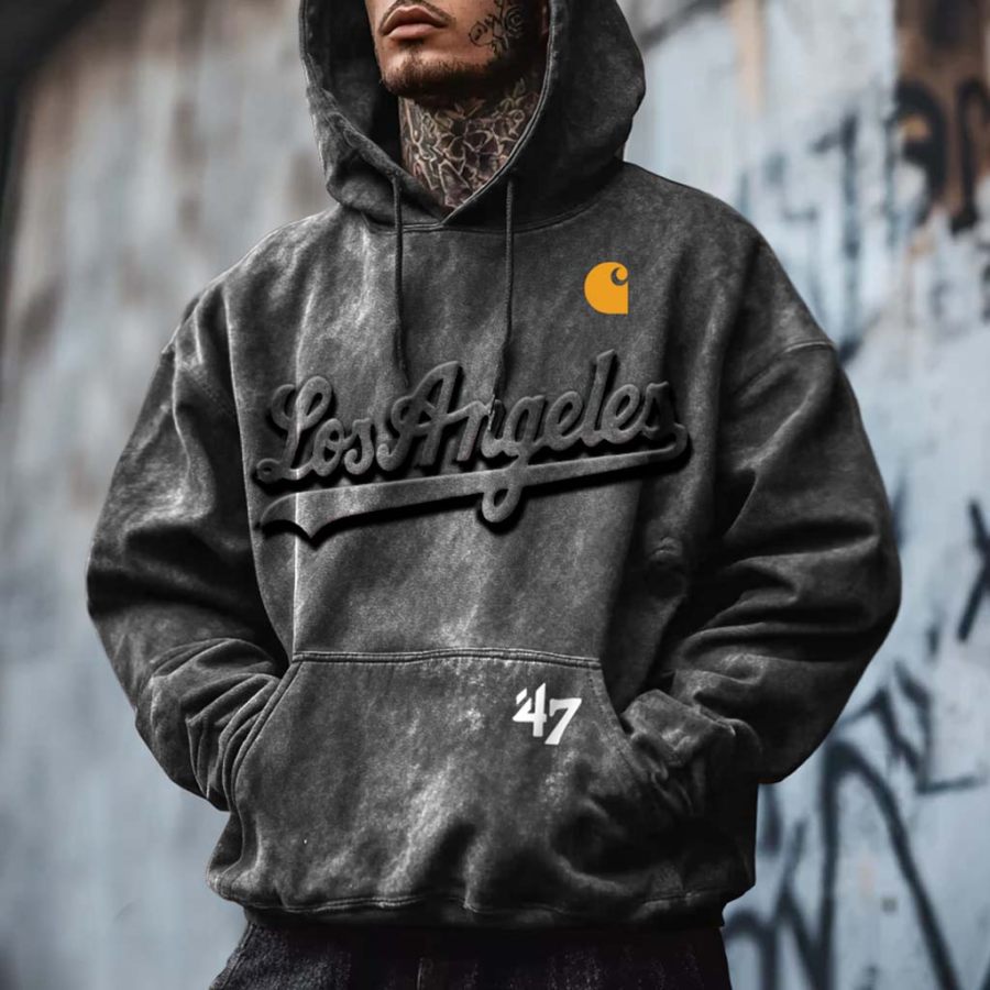 

Men's Vintage Distressed Washed Baseball Print Embossed Pocket Long Sleeve Oversized Dark Gray Hoodie