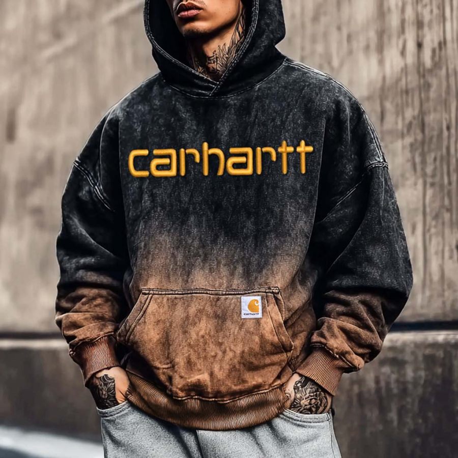 

Men's Vintage Distressed Washed Gradient Print Embroidered Pocket Long Sleeve Oversized Hoodie