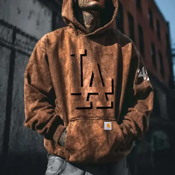 Men's Vintage Distressed Washed Print Embossing Pocket Brown Long Sleeve Hoodie - Wayrates.com 