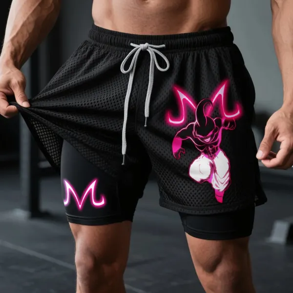 Fitness Double Mesh Shorts Everyday Basic Shorts Anime Print Double Layer Shorts - Ootdyouth.com 