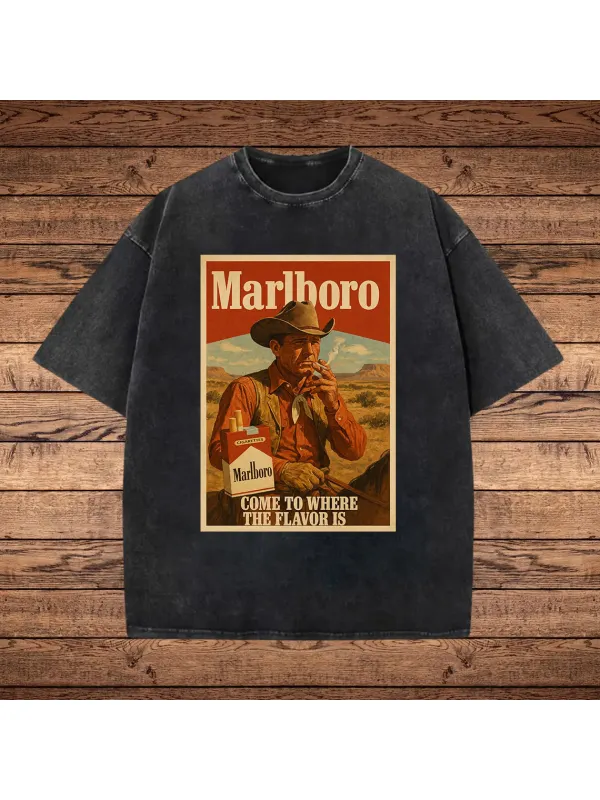 Vintage Cowboy Graphic Print Washed T-shirt - Aptkoi.com 