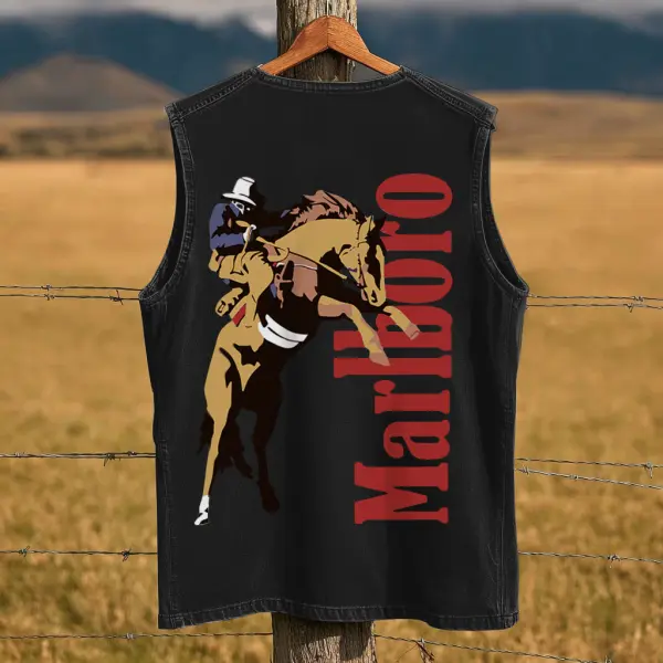 Wild West Cowboy Graphic Sleeveless Washed Vest - Ootdyouth.com 