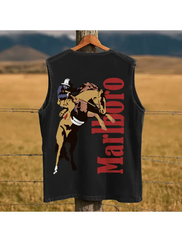 Wild West Cowboy Graphic Sleeveless Washed Vest - Aptkoi.com 