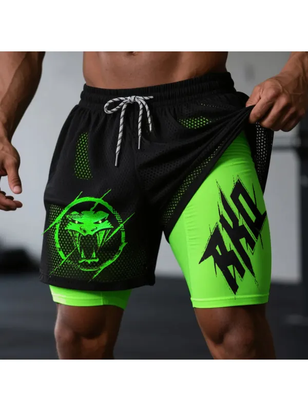 Fitness Double Mesh Shorts Daily Basic Shorts Wrestling Fighting Print Double Layer Shorts - Aptkoi.com 
