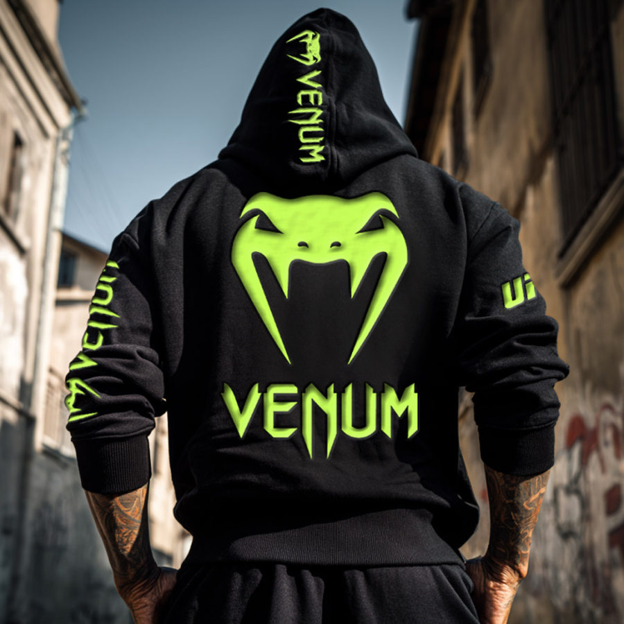 

Men's Vintage Snake Foam Print Pocket Long Sleeve Oversized Black Hoodie