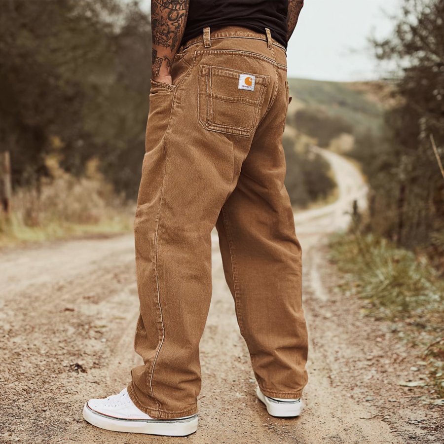 

Men's Vintage Brown Denim Straight-Leg Pants For All Seasons
