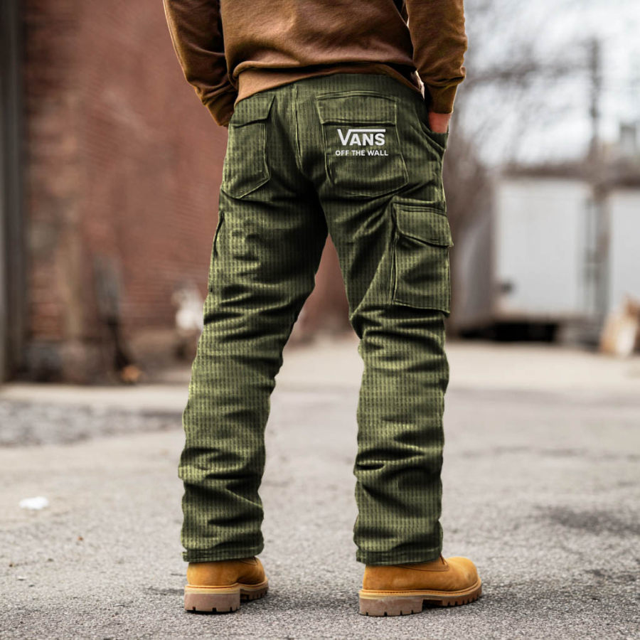 

Men's Vintage Outdoor Army Green Waffle Knit Off The Wall Embroidered Multi-Pocket Workwear Cargo Pants