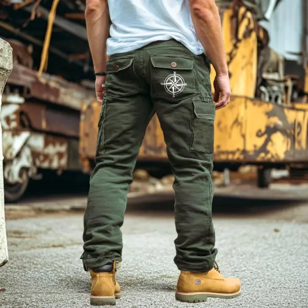 Men's Vintage Outdoor Nautical Compass Army Green Waffle Knit Multi-Pocket Workwear Cargo Pants - Upgradecool.com 