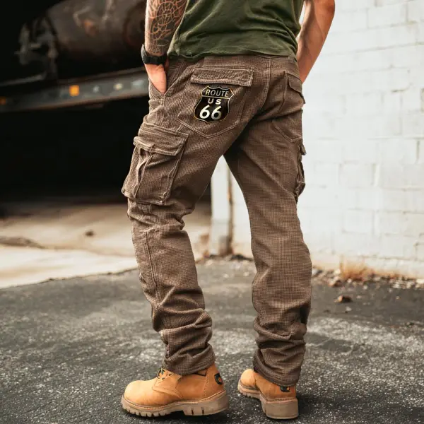 Men's Vintage Outdoor Route 66 Road Trip Brown Waffle Knit Multi-Pocket Workwear Cargo Pants - Upgradecool.com 