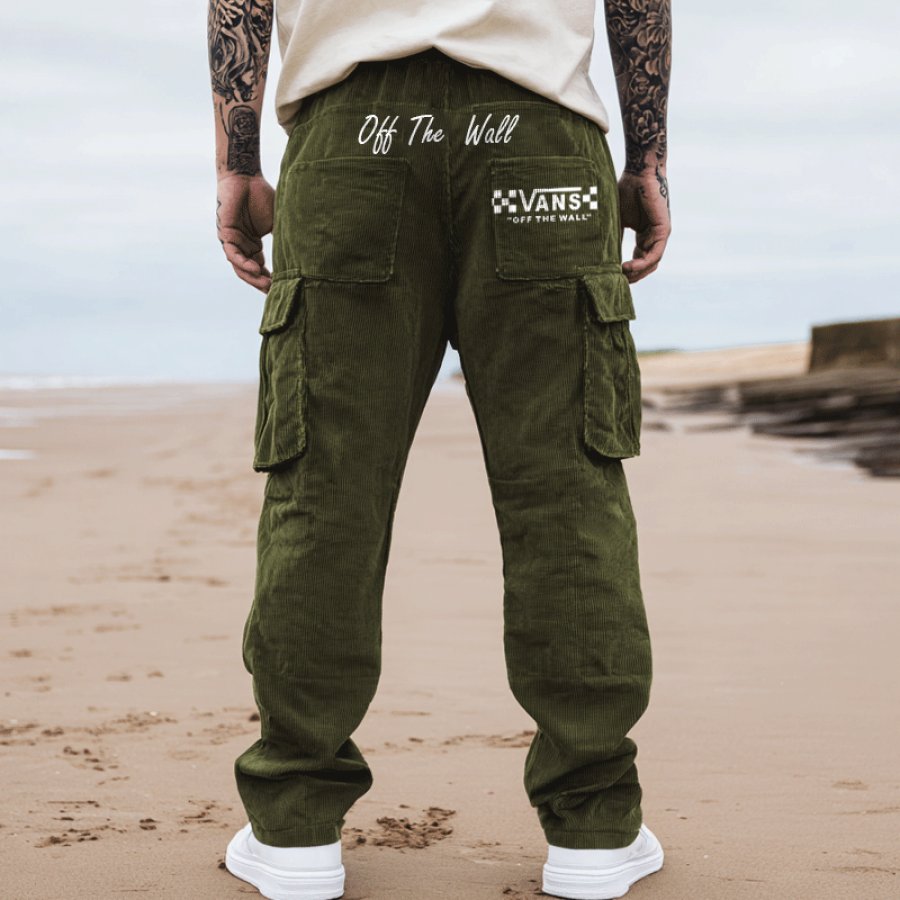 

Vintage Corduroy Cargo Pants With Multi-Pockets And Embroidered Detailing