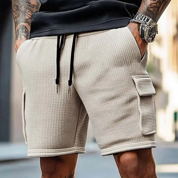 Men's Vintage Waffle Knit Multi-Pocket Casual Surf Elastic Drawstring Cargo Shorts - Wayrates.com 