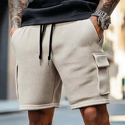 Men's Vintage Waffle Knit Multi-Pocket Casual Surf Elastic Drawstring Cargo Shorts