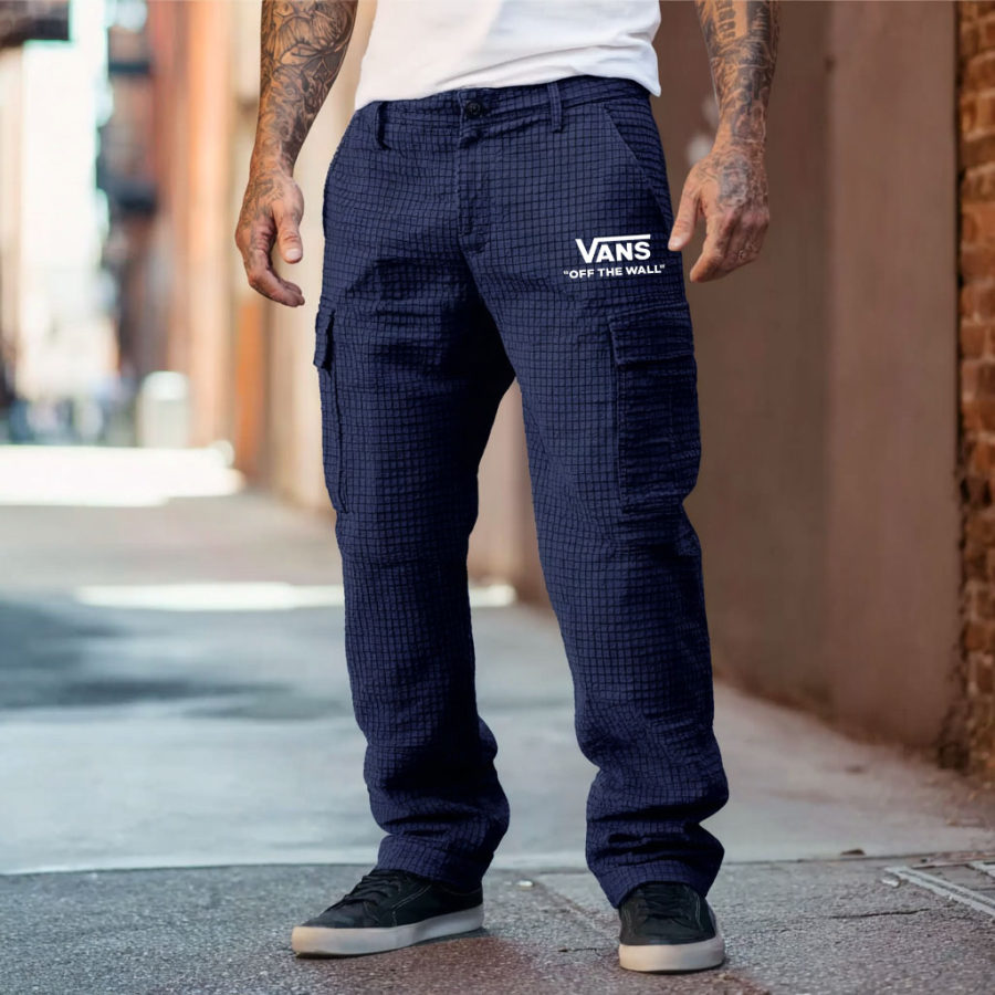 

Men's Vintage Outdoor Navy Waffle Pattern Plaid Knit Multi-Pocket Workwear Cargo Pants