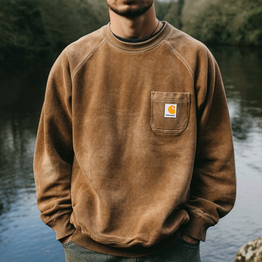 

Casual Crewneck Sweatshirt With Chest Pocket - Perfect For Everyday Wear