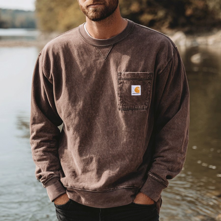 

Casual Crewneck Sweatshirt With Chest Pocket - Perfect For Everyday Wear