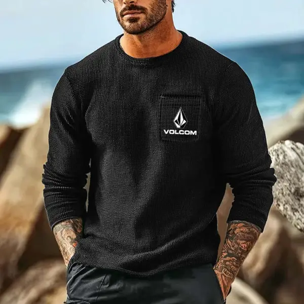 Men's Vintage Waffle Knit Surf Black Long Sleeve Crew Neck T-Shirt - Wayrates.com 