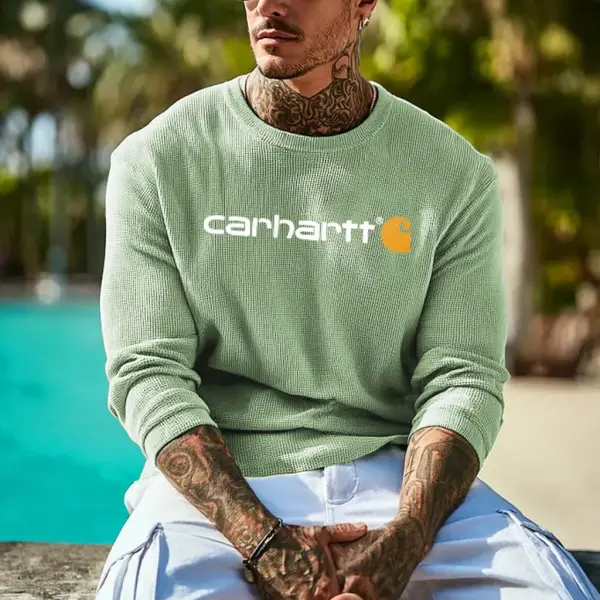 Men's Vintage Waffle Knit Print Light Green Long Sleeve Sleeve Crew Neck T-Shirt - Wayrates.com 