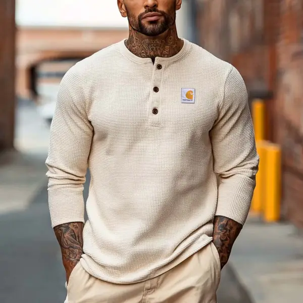 Men's Vintage Waffle Knit Beige Long Sleeve Henley T-Shirt - Wayrates.com 
