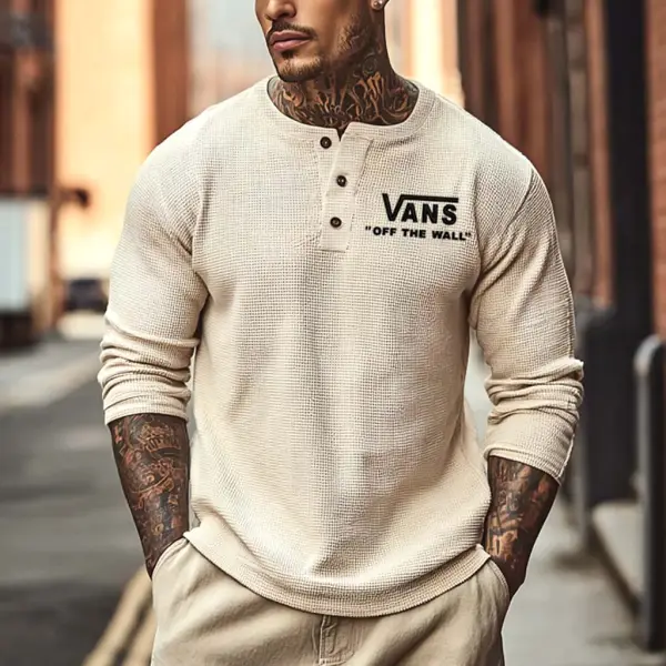Men's Vintage Waffle Knit Surf Embroidery Beige Long Sleeve Sleeve Henley T-Shirt - Wayrates.com 