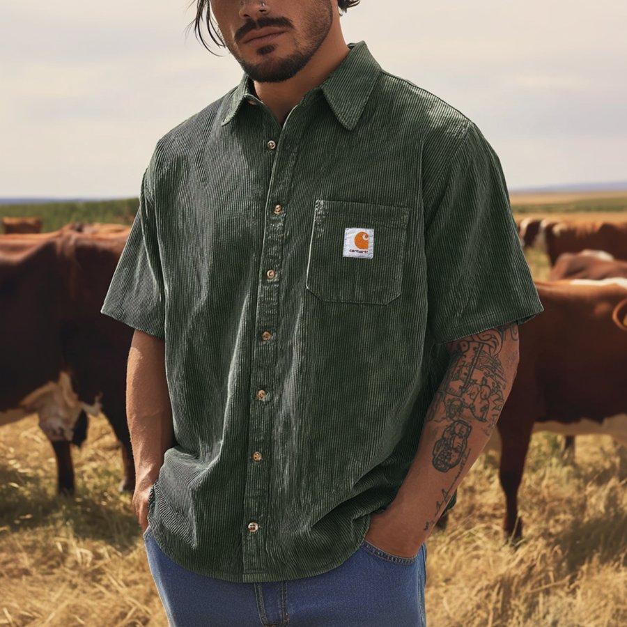 

Men's Vintage Green Corduroy Short-Sleeve Shirt With Chest Pocket