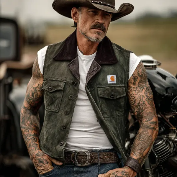 Men's Vintage Rugged Style: Green Vest With Patch - Wayrates.com 