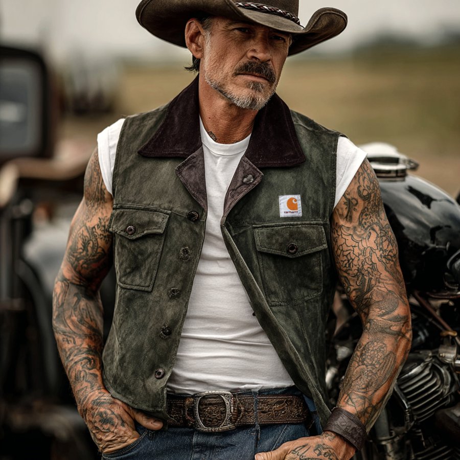 

Men's Vintage Rugged Style: Green Vest With Patch