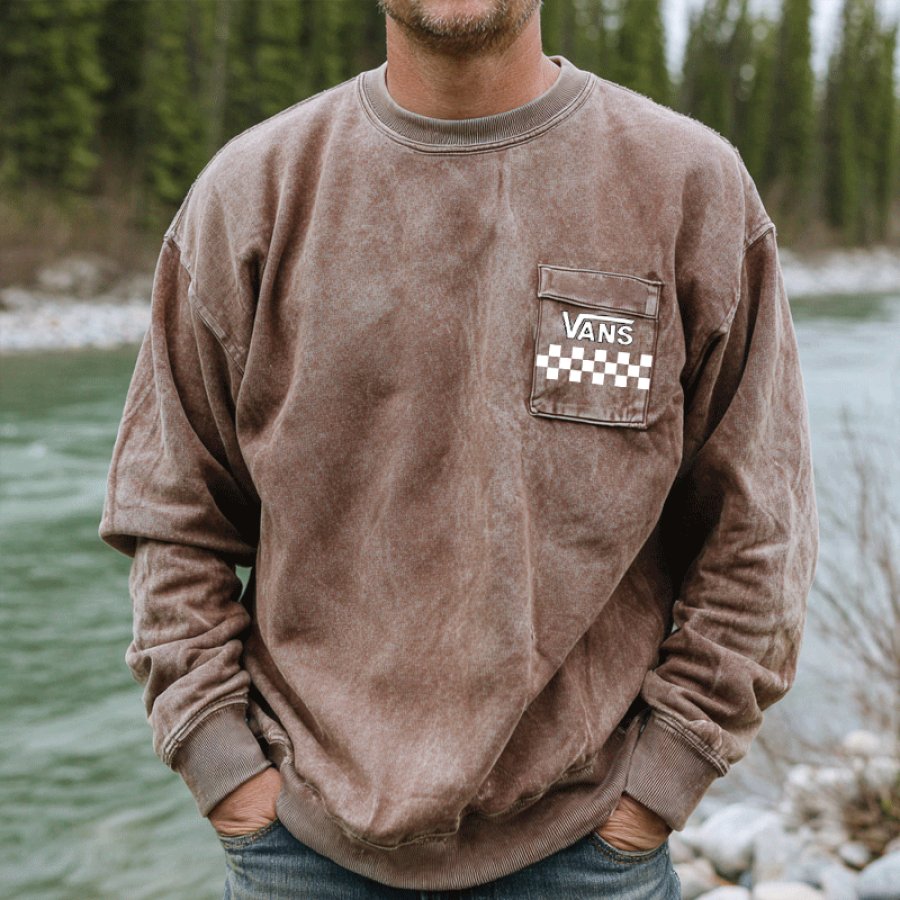 

Casual Long Sleeve Crew Neck Sweatshirt With Checkerboard Pocket Design